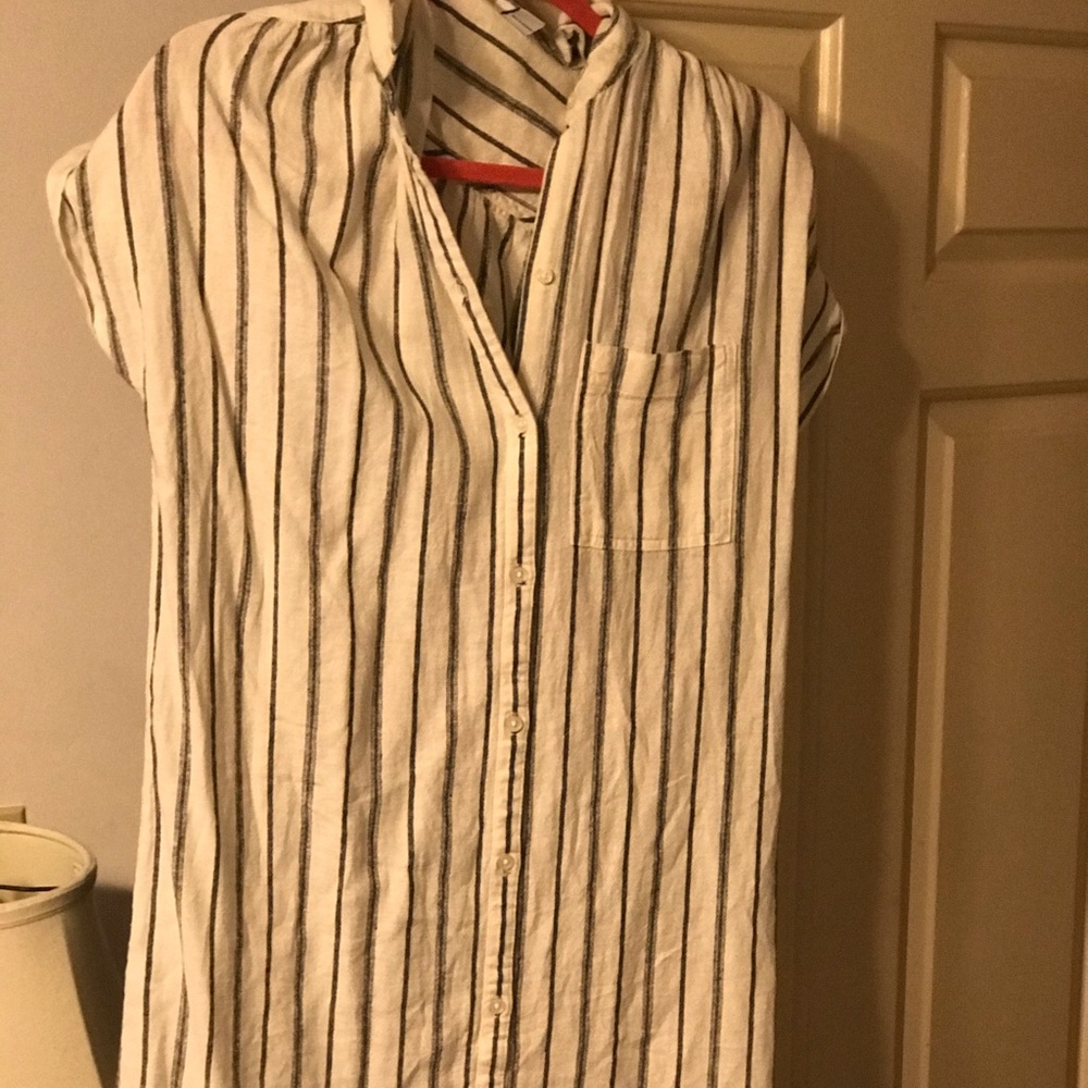 White and Navy Vertical Stripe Linen Dress